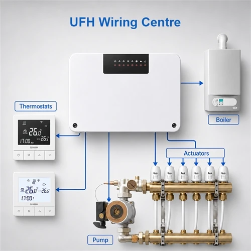 Come un centro di cablaggio UFH controlla termostati, attuatori, pompa e caldaia